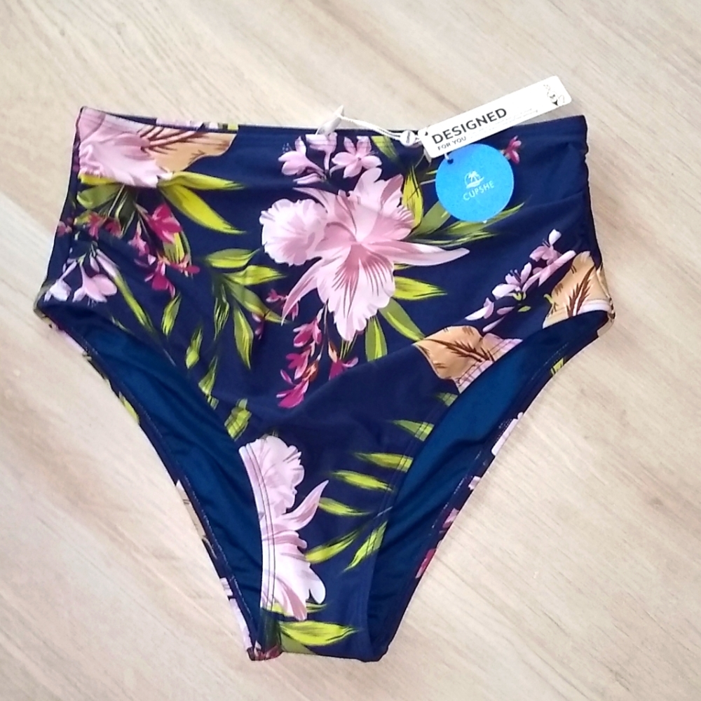 New Cupshe High Waist Bikini Bottoms Tropical Floral Blue Pink Green Medium